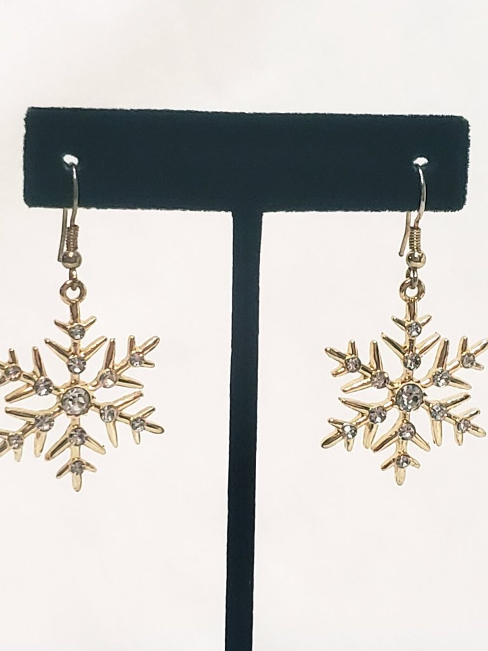 Snowflake Rhinestone Winter Christmas Dangle Hook Earrings Pierced 1" Gold tone